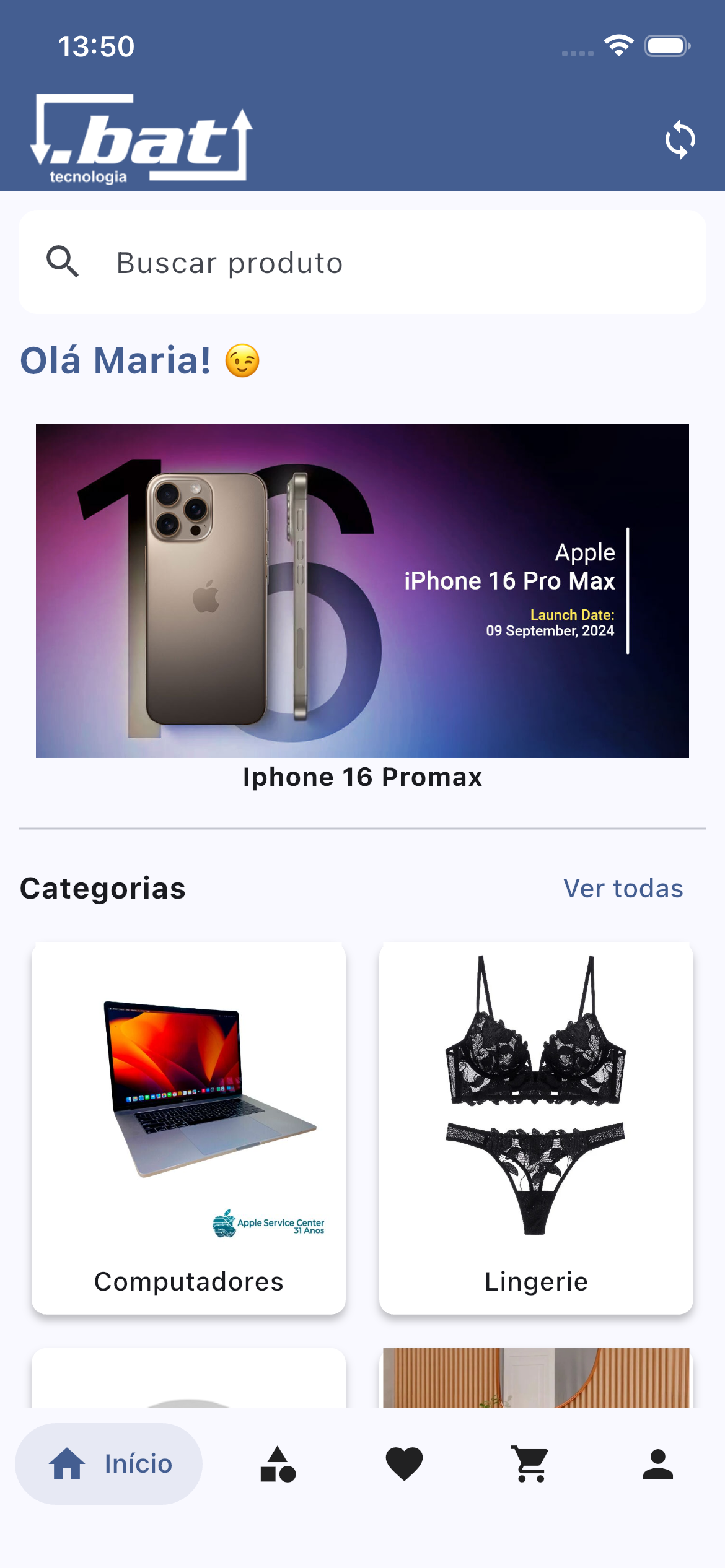 Interface Limpa - Fácil visualização dos produtos, favoritos e últimas visitas