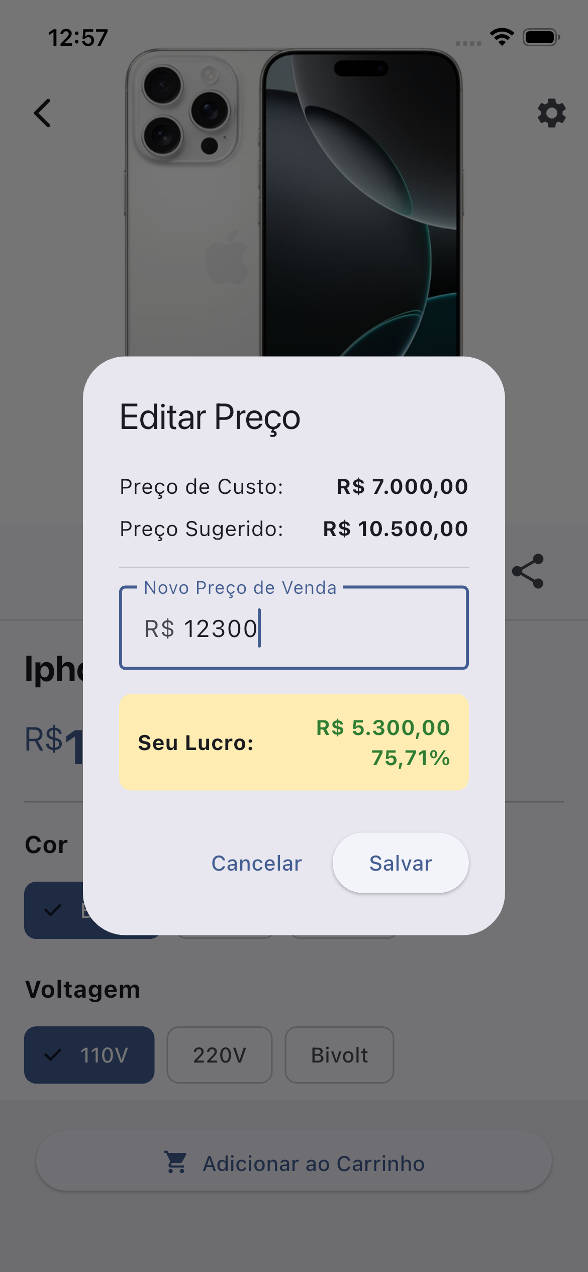 Edição de preço de venda - O revendedor ajusta o preço final a seu gosto, ou usa o preço sugerido